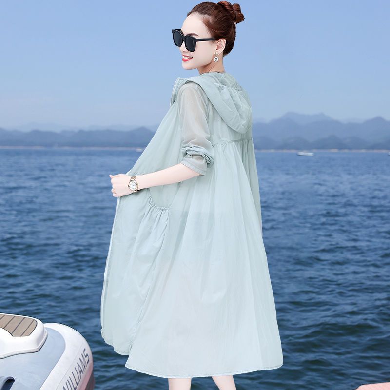 2023 spring and summer breathable sun protection clothing women's over-the-knee mid-length loose large size sun protection clothing women's thin coat