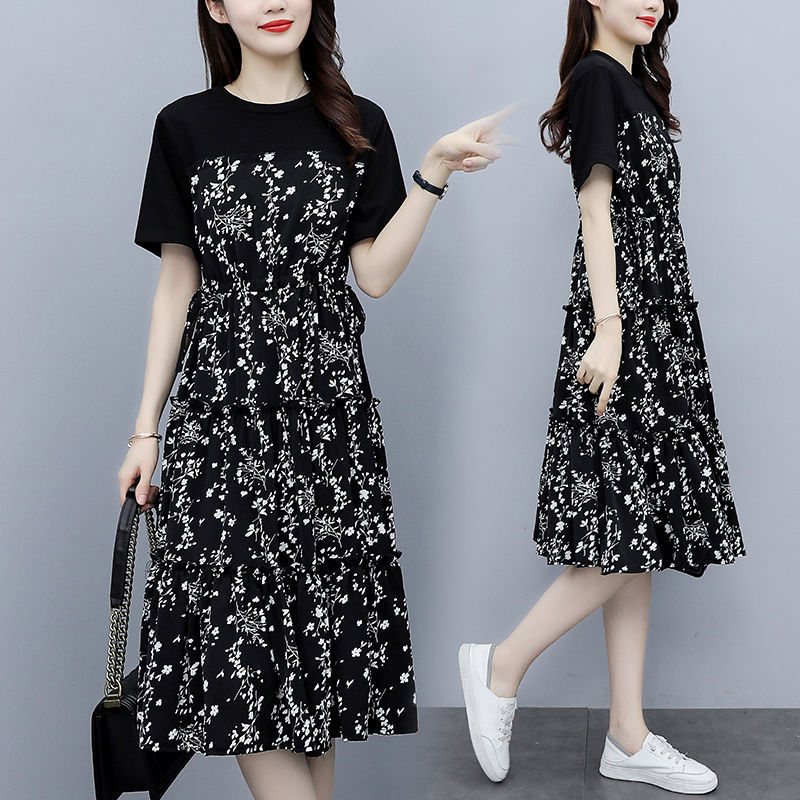 大碼女裝2022夏季新款韓版胖mm雪紡碎花氣質顯瘦減齡拼接連衣裙女