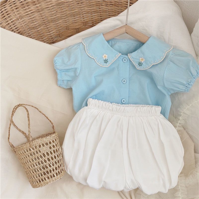 Sweet embroidery Korean children's clothing girls summer clothing baby cotton short-sleeved shirt children's doll shirt top two-piece set