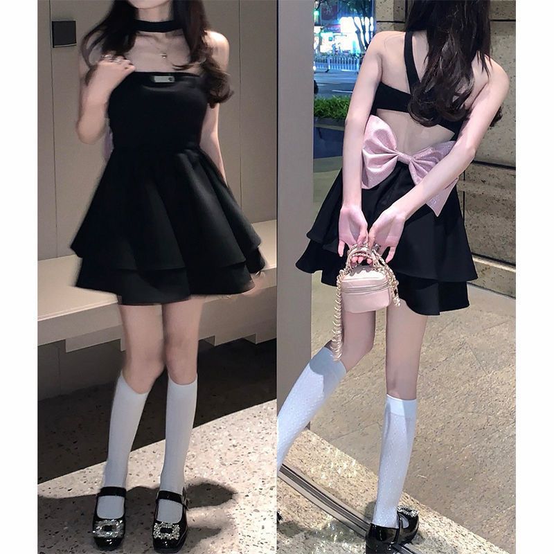 純欲蝴蝶結掛脖連衣裙女夏抹胸夏季小個子短裙辣妹裙子露背蓬蓬裙