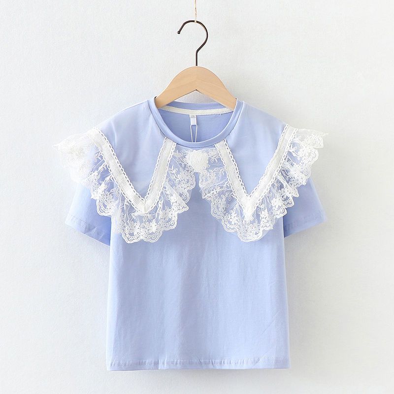 Cotton girls' summer short-sleeved T-shirt foreign style Xia Xin middle and big children's short-sleeved sweet children's doll collar top