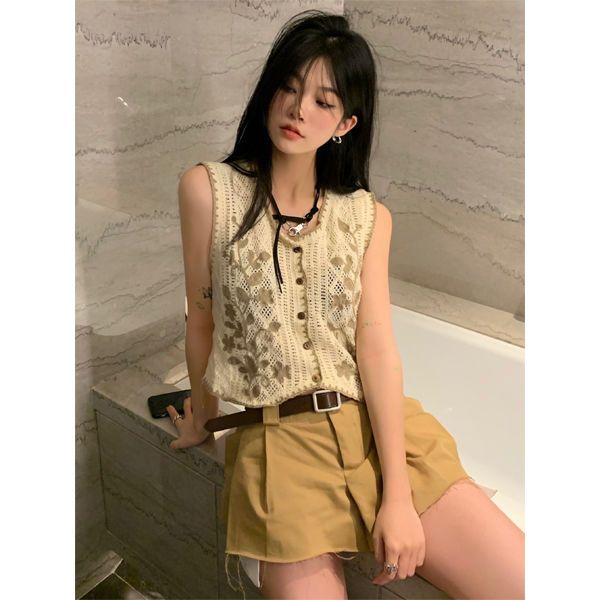 Vintage V-neck knitted vest women's cardigan  spring and summer chic hollow out vest coat sleeveless overlay top