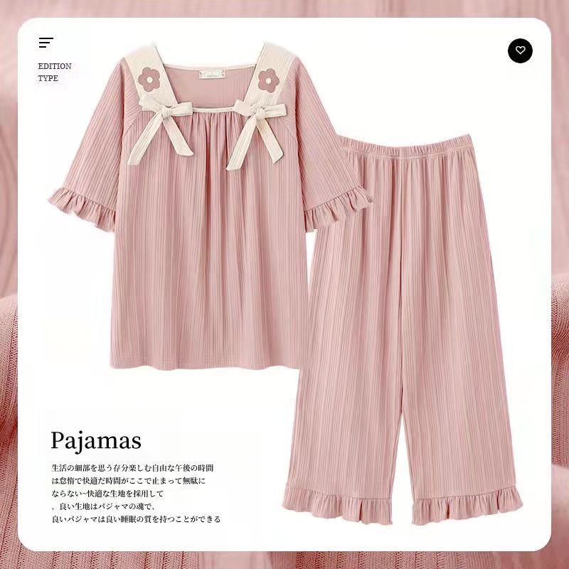 Pajamas women Summer Cotton Short Sleeve Capri Pants thin loose fat mm student cute home suit can be worn out