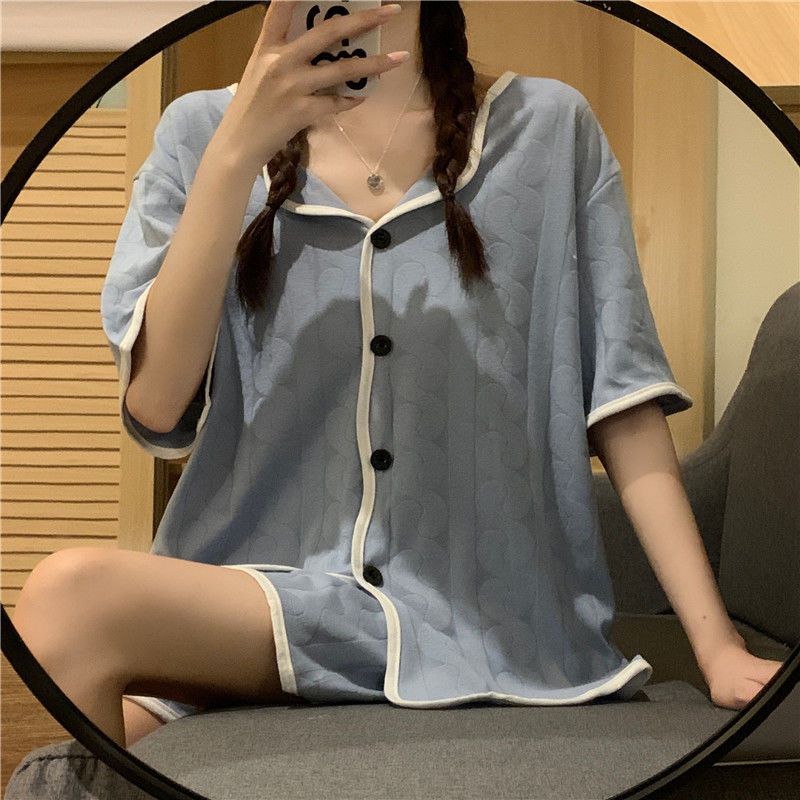 ins小香風夏季翻領對襟波浪邊奶藍提花短袖短褲睡衣女家居服套裝