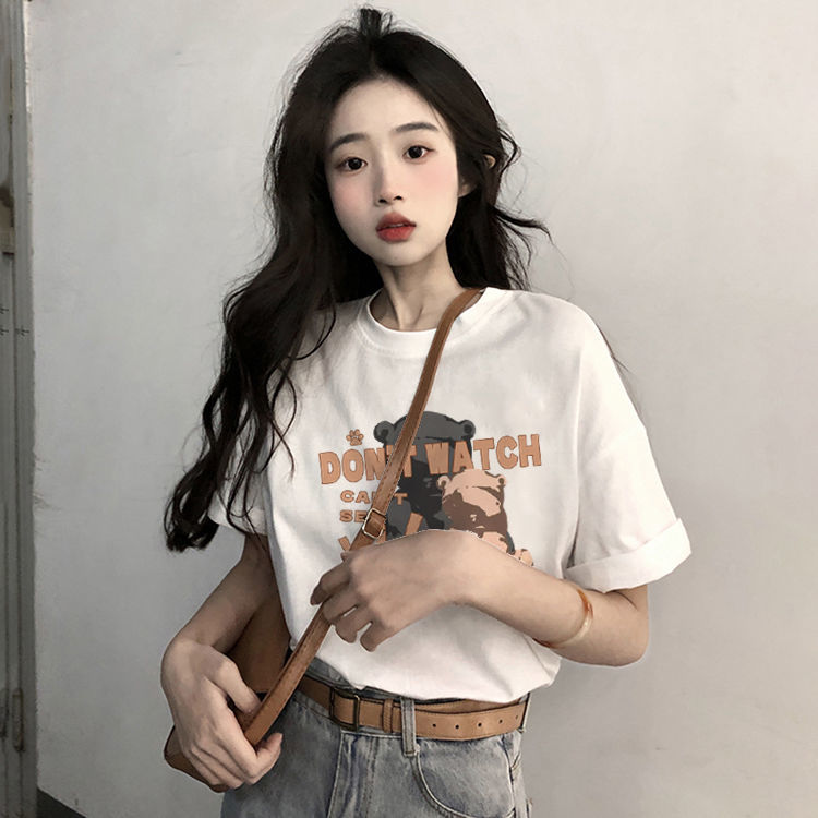 100%純棉夏季t恤女2023新款白色短袖女ins潮寬鬆韓版半袖體恤上衣