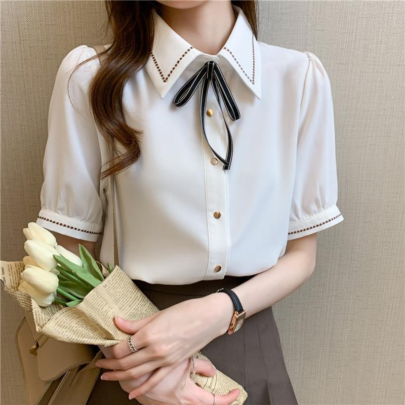 刺繡雪紡襯衫女2023夏季通勤短袖白襯衣女蝴蝶結職業裝面試上衣女