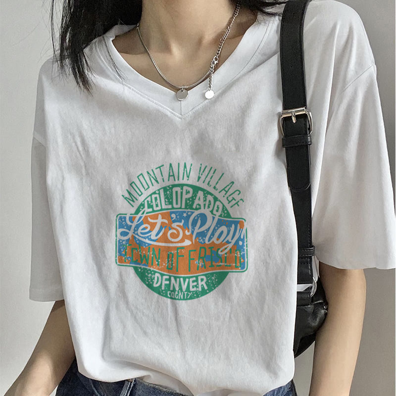 純棉短袖女2023新款夏季女生短袖衫V領寬鬆白色t恤女裝學生上衣潮