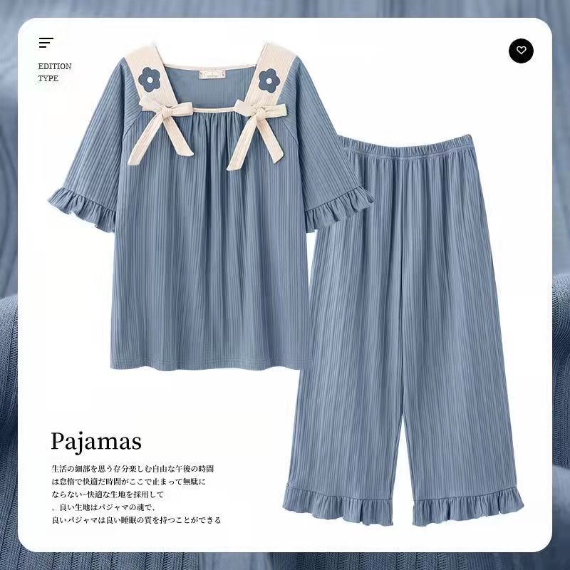 Pajamas women Summer Cotton Short Sleeve Capri Pants thin loose fat mm student cute home suit can be worn out