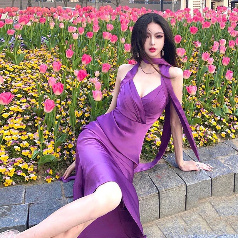 【現貨】絲滑高端綢緞面吊帶裙女紫色醋酸別致魚尾裙輕奢連衣裙
