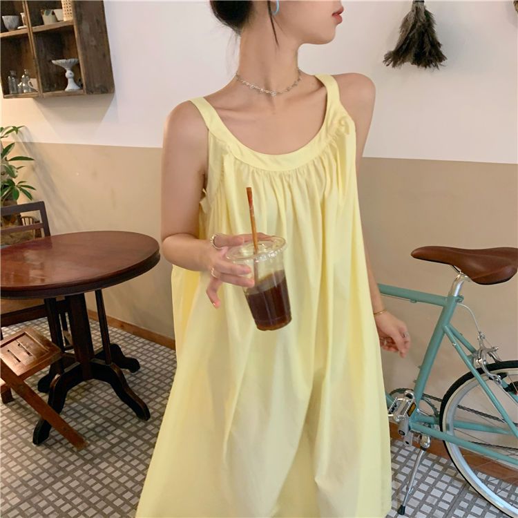 Retro gentle pleated first love suspender dress women's summer dress  new loose and thin mid-length skirt