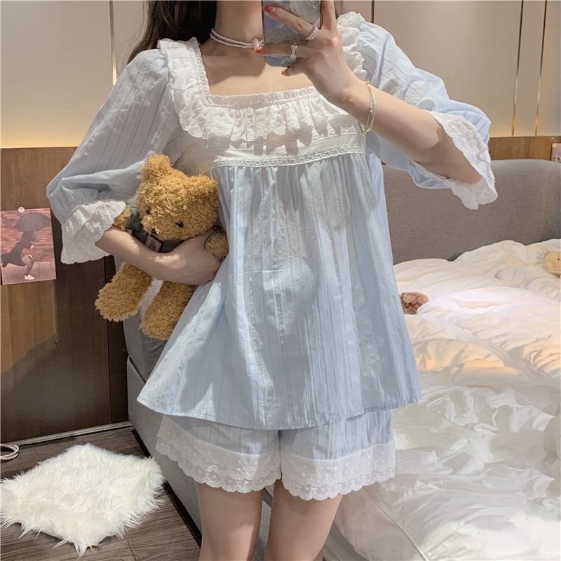 Summer court princess style fresh lace splicing pajamas two-piece set sweet fairy home clothes set