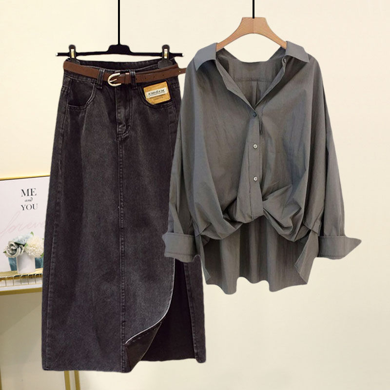 Plus-size women's summer suit women's 2023 new style cover meat and look thin loose shirt slit denim skirt two-piece trendy