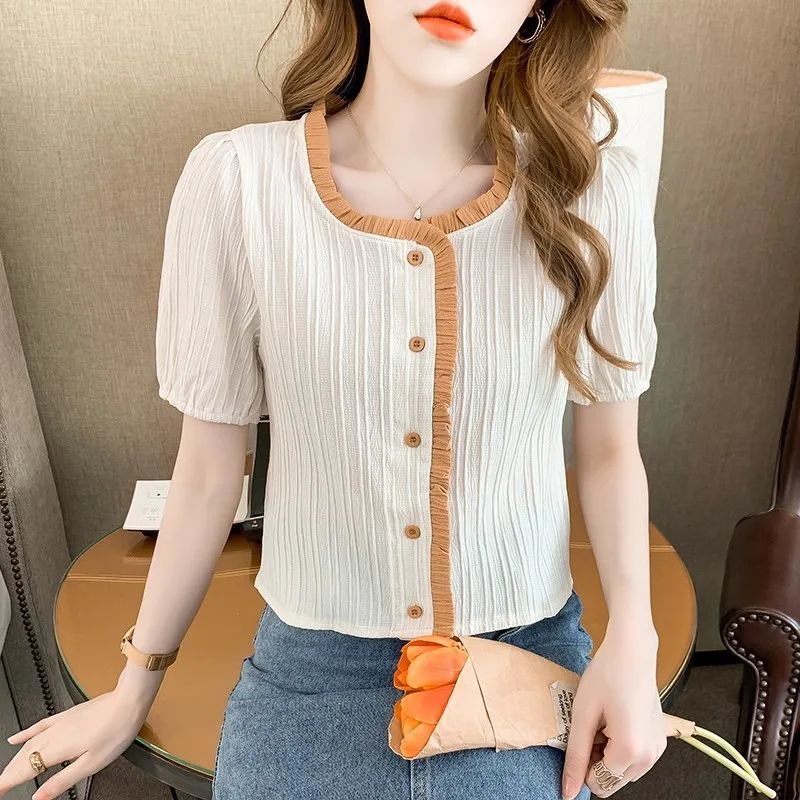 Design sense contrasting color ruffled shirt women's summer new all-match fashion short short-sleeved western-style top trendy