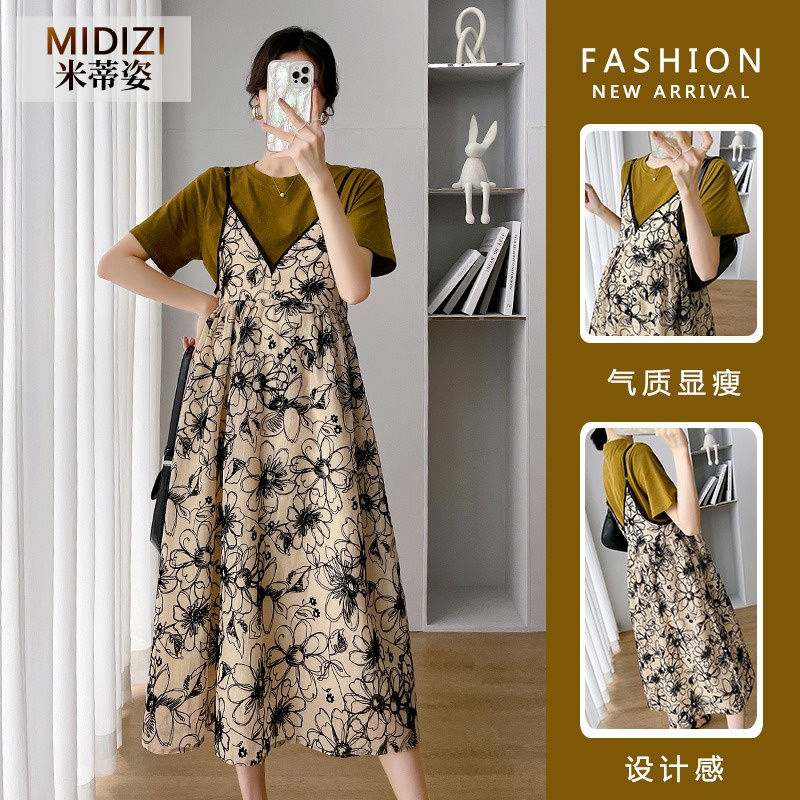 165796-网红孕妇装设计感显瘦2022夏季短袖T恤吊带连衣裙两件套孕晚期裙-详情图
