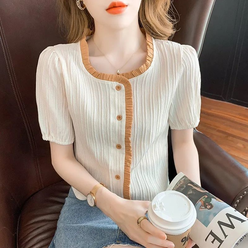 Design sense contrasting color ruffled shirt women's summer new all-match fashion short short-sleeved western-style top trendy