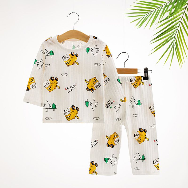 Children's home clothes, pure cotton, thin, air-conditioned clothes for boys and girls, small, medium and large children's pajamas set, spring and summer seven-point style