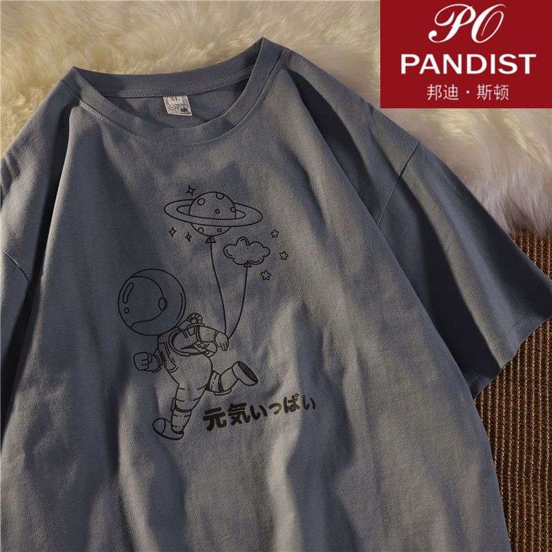PANDIST情侶印花短袖t恤男夏季ins潮流五分袖寬鬆百搭半袖體恤衫