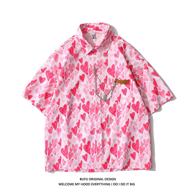  new niche design sense chain love printed shirt short-sleeved men's and women's summer loose Hawaiian shirt