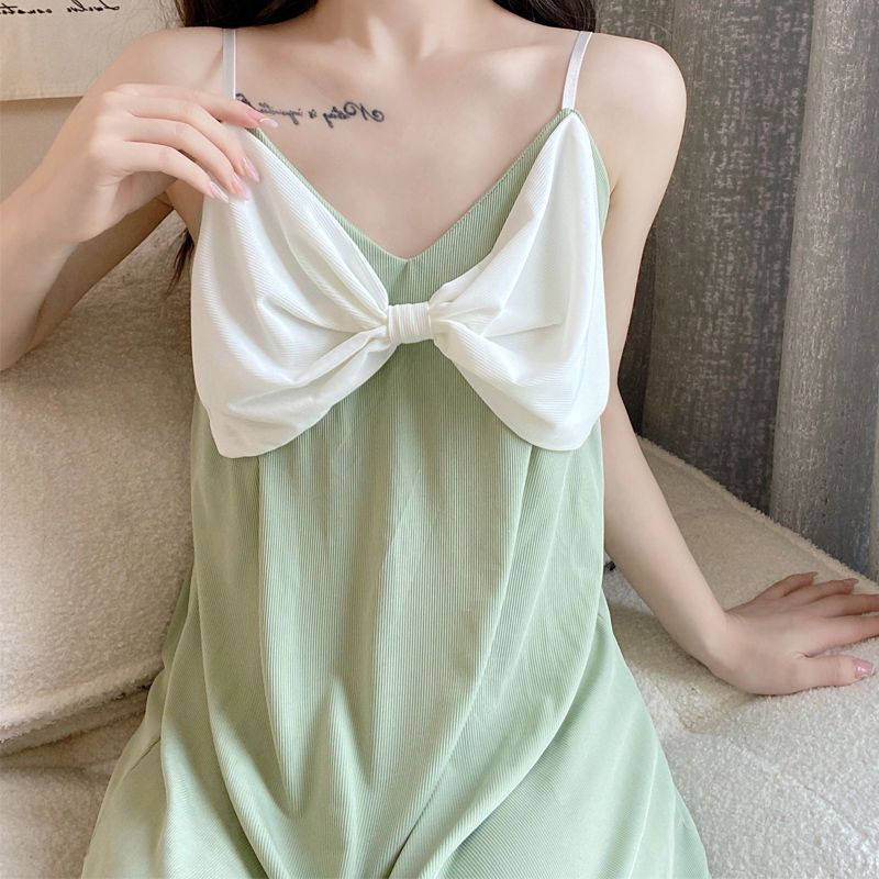 Ice silk nightdress women's summer thin suspenders sexy high-end pajamas bowknot ins style high-value home service