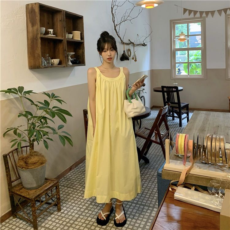 Retro gentle pleated first love suspender dress women's summer dress  new loose and thin mid-length skirt