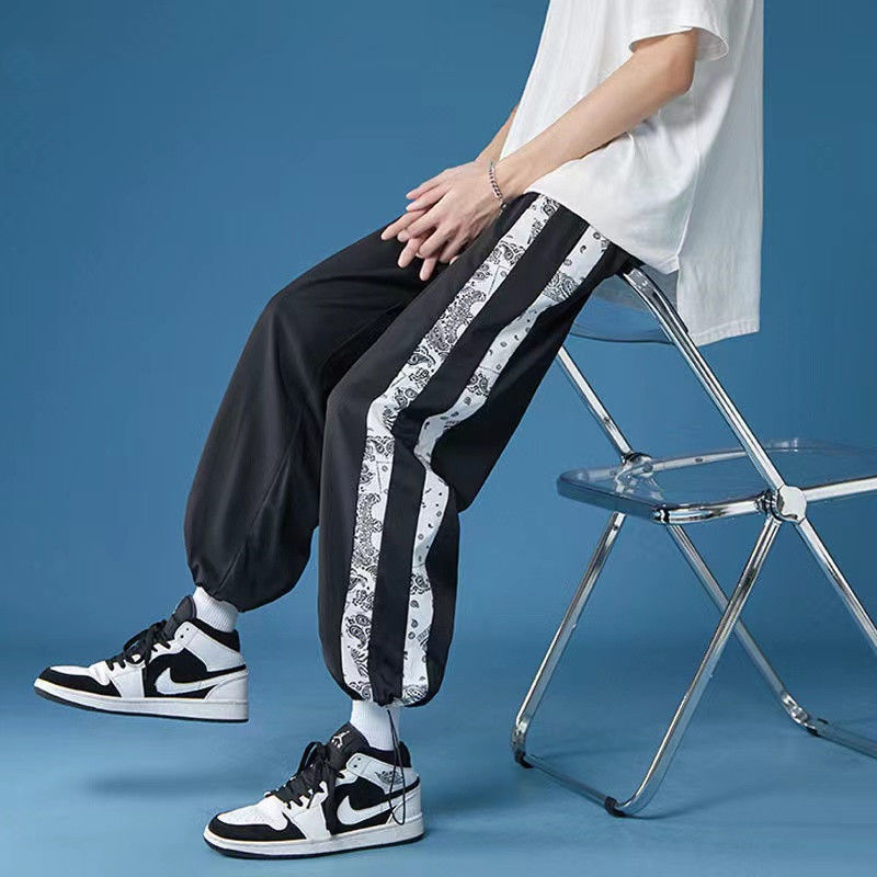 Ice silk pants men's summer Korean style trendy loose thin section sports pants nine points drawstring casual pants