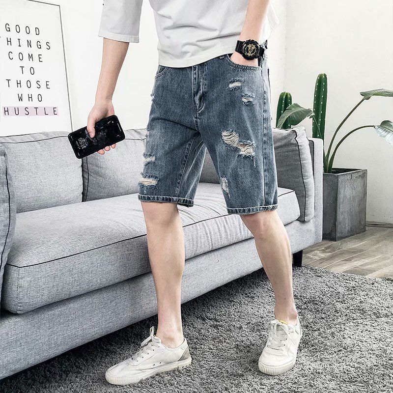 Summer thin hole denim shorts men's fashion loose size cropped pants fashion brand ins wide break summer out trend
