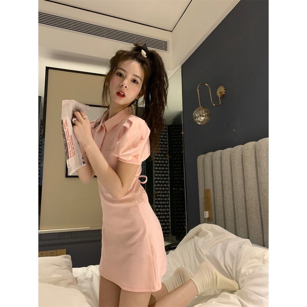 Vietnamese and Korean sweet princess French design sense niche polo collar puff sleeve college waist slimming A-line dress