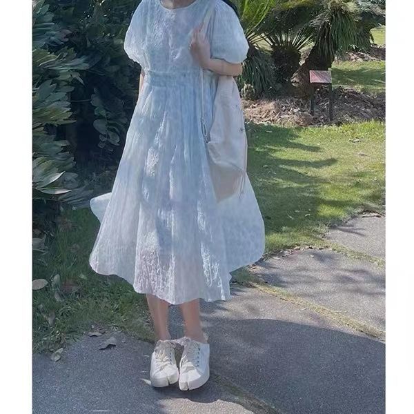  summer new popular salt shrink waist design puff sleeve women's dress temperament gentle wind skirt