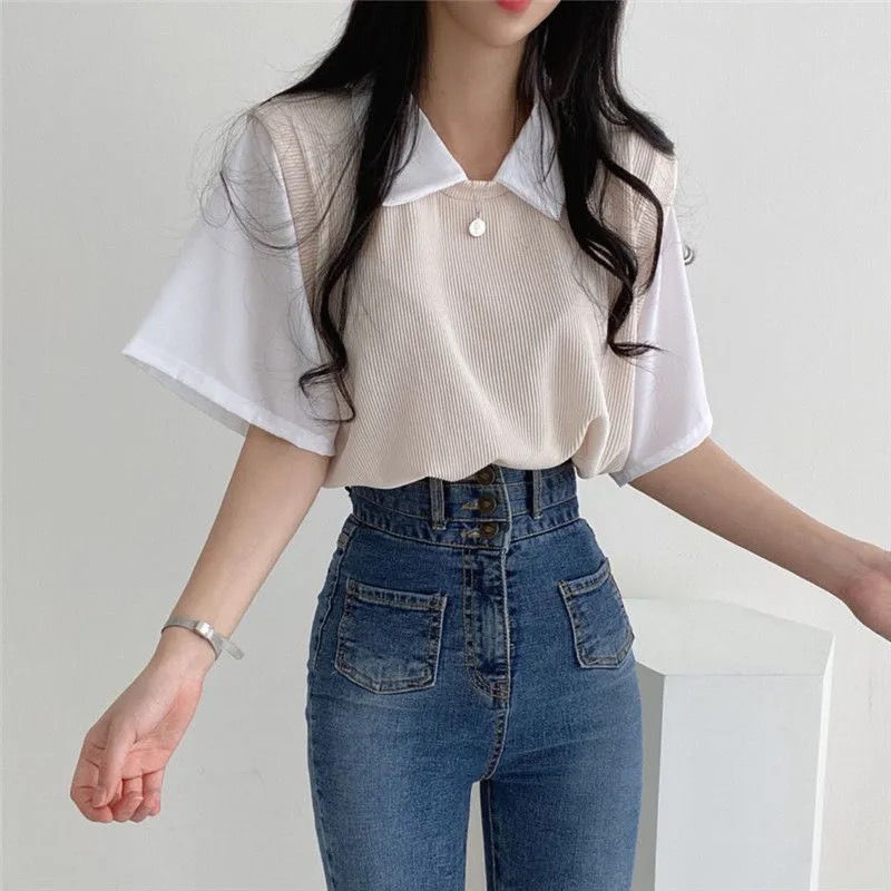 Polo lapel fake two-piece academic style simple contrast color short sleeve T-shirt women loose slim casual Joker jacket ins