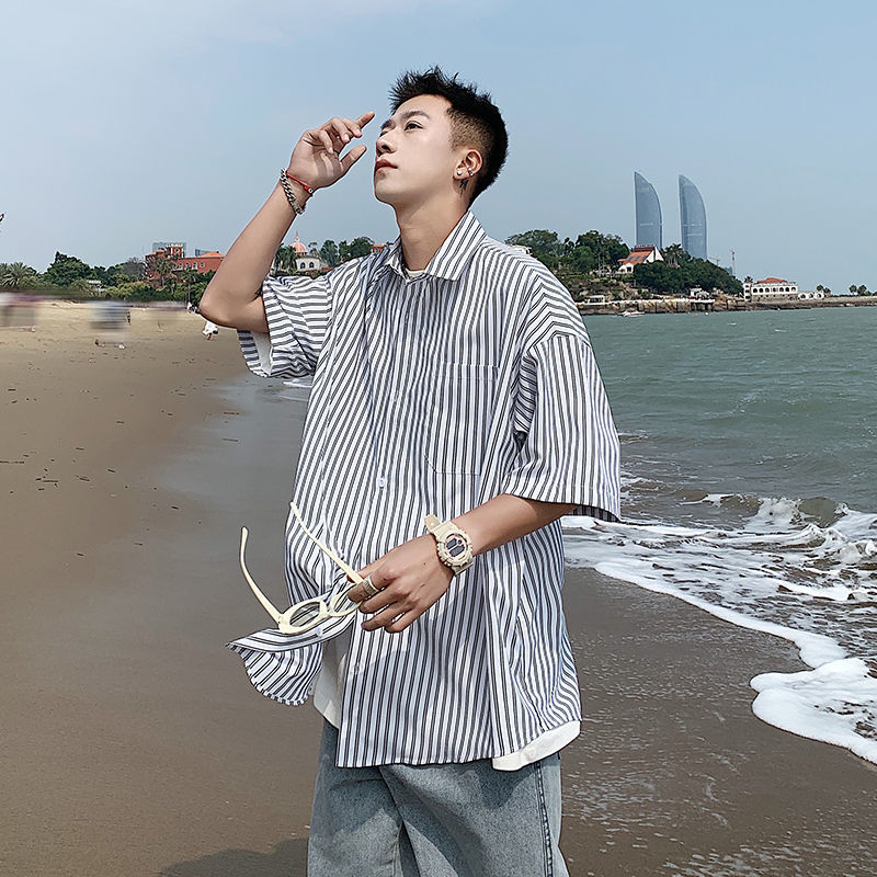 2023 summer new striped short-sleeved shirt boys Hong Kong style ins trendy brand ruffian handsome shirt Japanese niche top