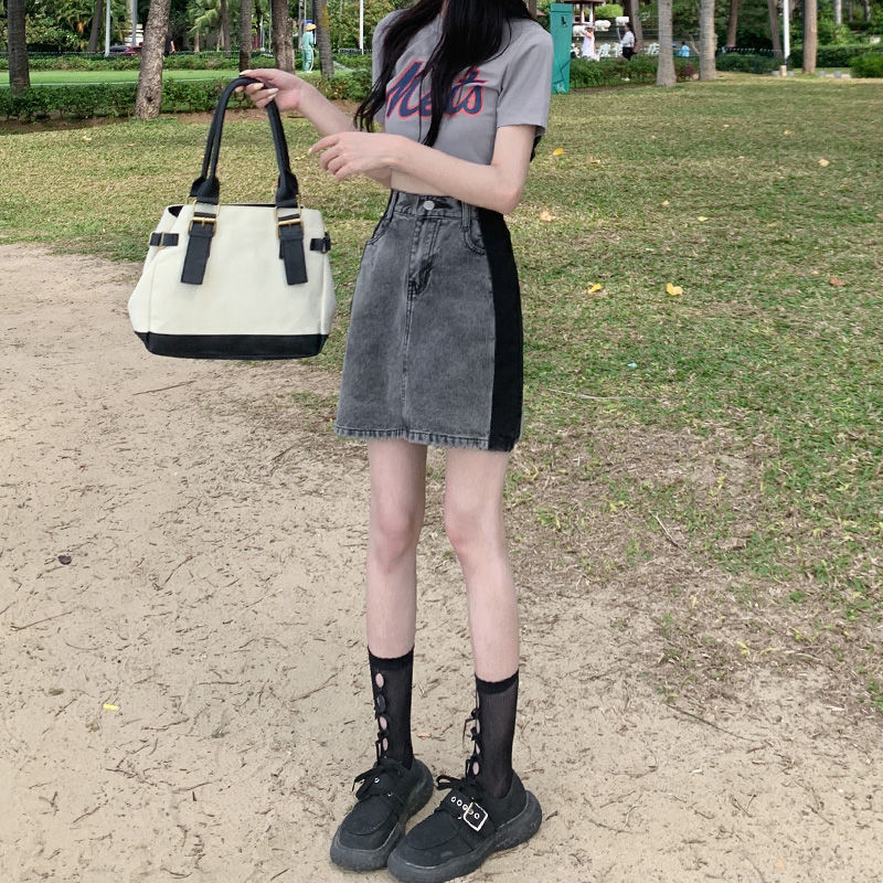 Splicing and contrasting color a-line skirt spring and summer new retro all-match large size slim high waist denim skirt for women