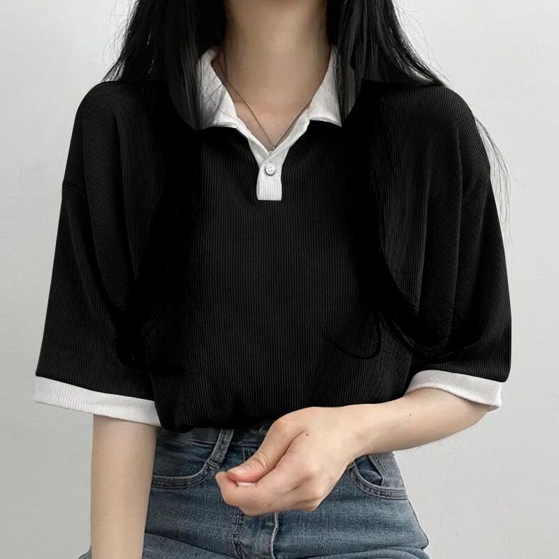 College style polo collar simple and versatile contrast Lapel t-shirt female loose student Casual Short Sleeve summer top trend