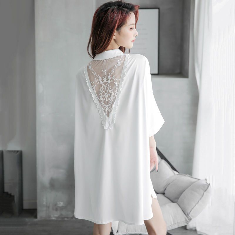 Summer nightdress female summer sexy mid-length lace thin white shirt loose large size chiffon spring and autumn pajamas