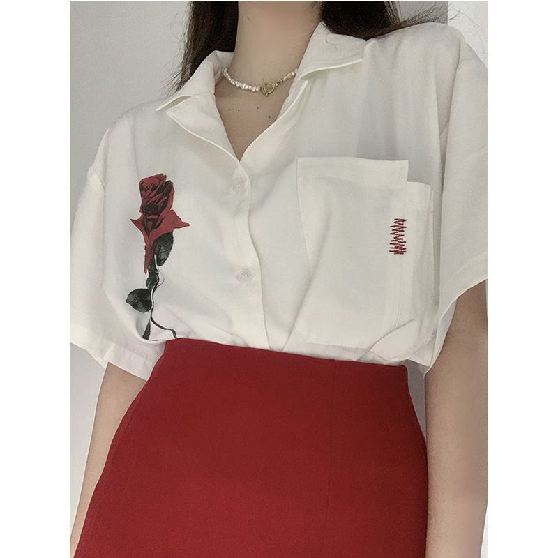 设计感小众烈焰美人性感玫瑰印花白色短袖衬衫女2023夏季情侣上衣