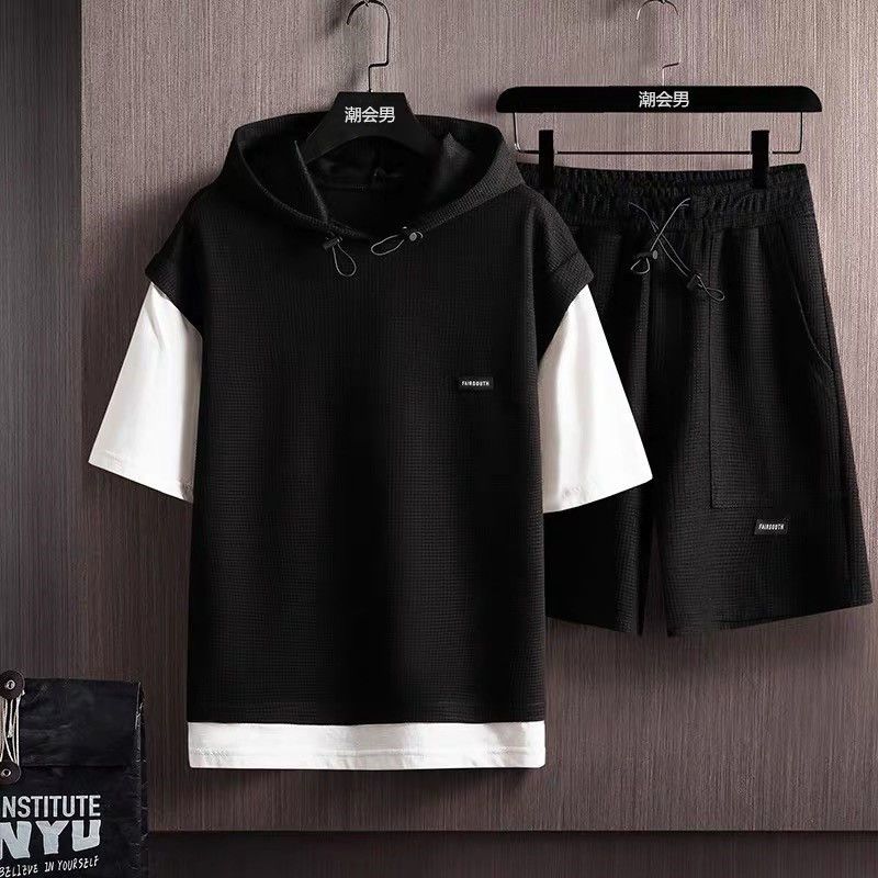 Fake two piece waffle short sleeve sports suit men's spring and summer hooded T-shirt shorts two pieces a set of handsome men's clothes