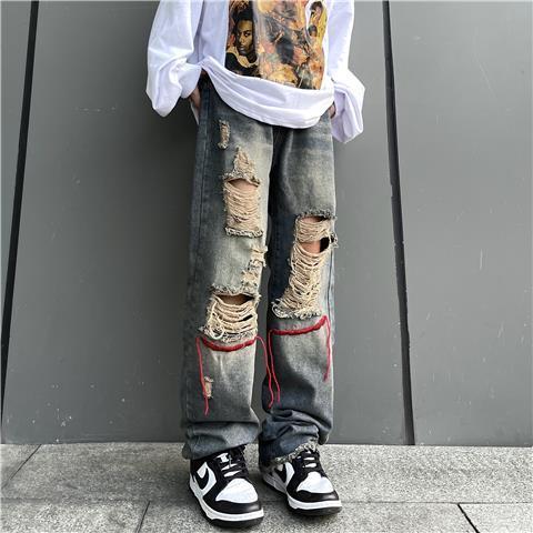 Oversized size 130-300 catties Korean version of ins hip-hop American retro personality ripped old jeans trousers for men and women
