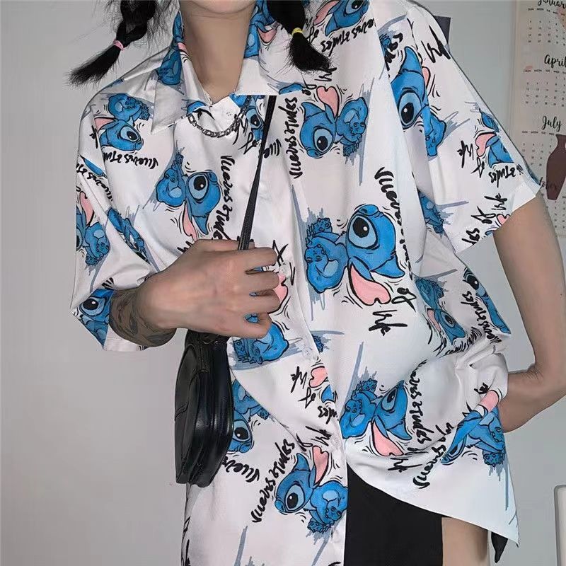 襯衫女設計感小眾短袖新款2022年夏季薄款韓版寬鬆卡通印花襯衣女