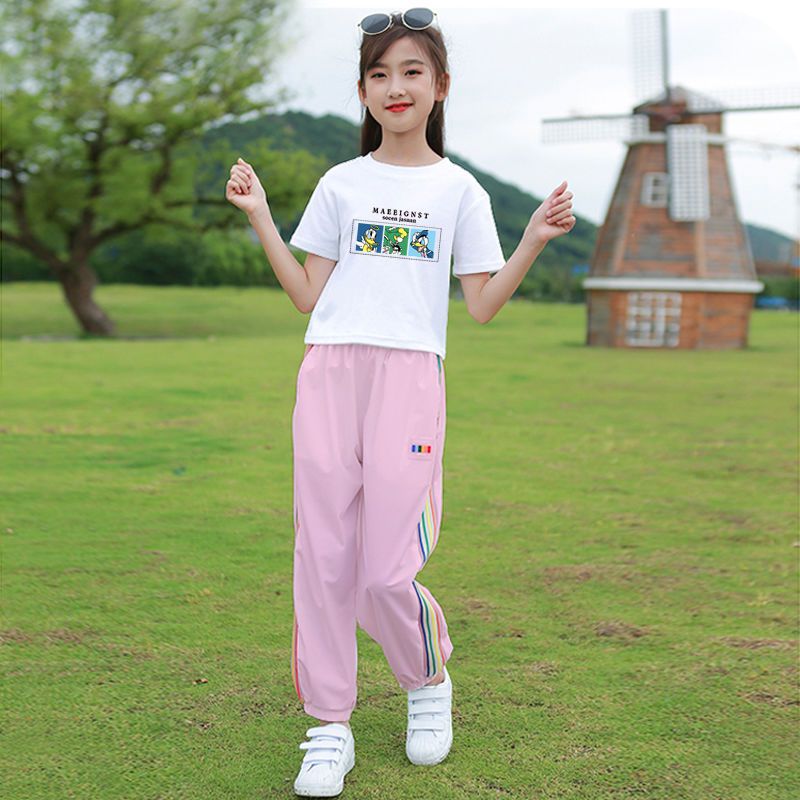 Girls' casual sports suit 2022 spring and summer net red foreign style girls Korean version of the big children's short-sleeved two-piece thin section