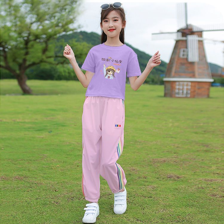 Girls' casual sports suit 2022 spring and summer net red foreign style girls Korean version of the big children's short-sleeved two-piece thin section
