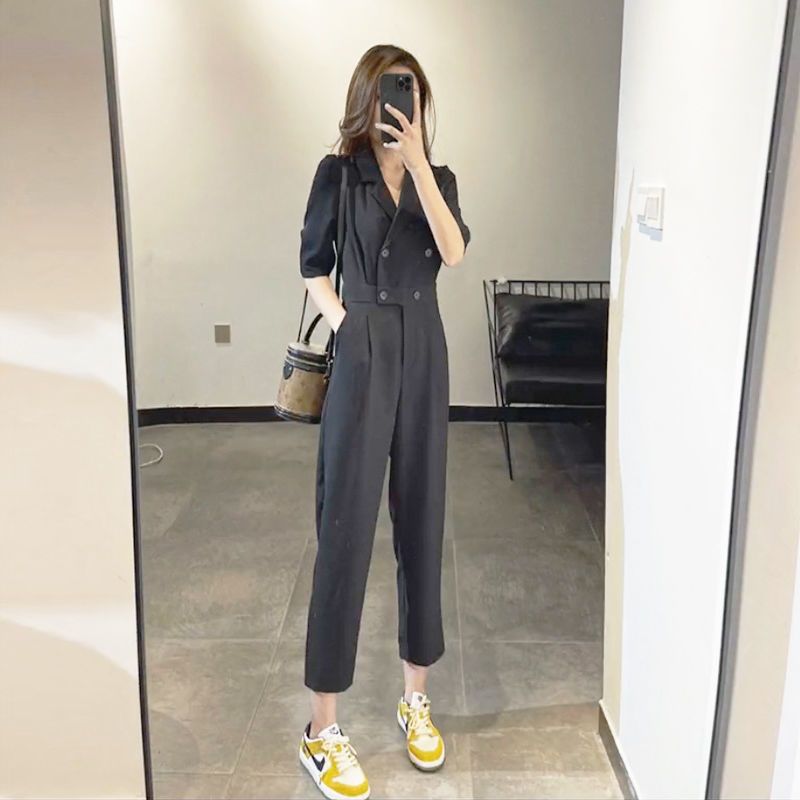 2023 new small man small fragrant wind thin section overalls jumpsuit women's high waist drape black nine-point suit pants summer