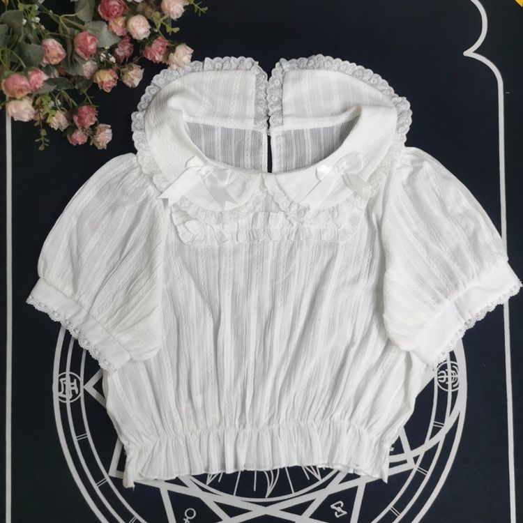 lolita原創純色內搭娃娃領泡泡袖蝴蝶結純棉短袖襯衫jk上衣打底衫