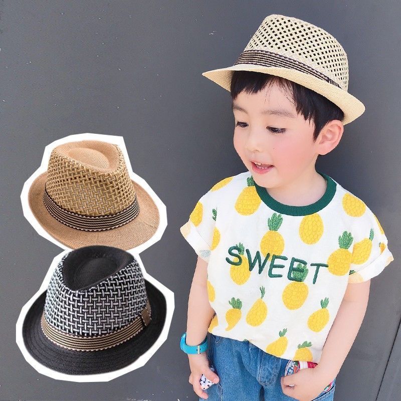 Children's straw hat boys' jazz hat spring and summer travel sunscreen parent-child sunshade breathable hollow Beach Hat tide