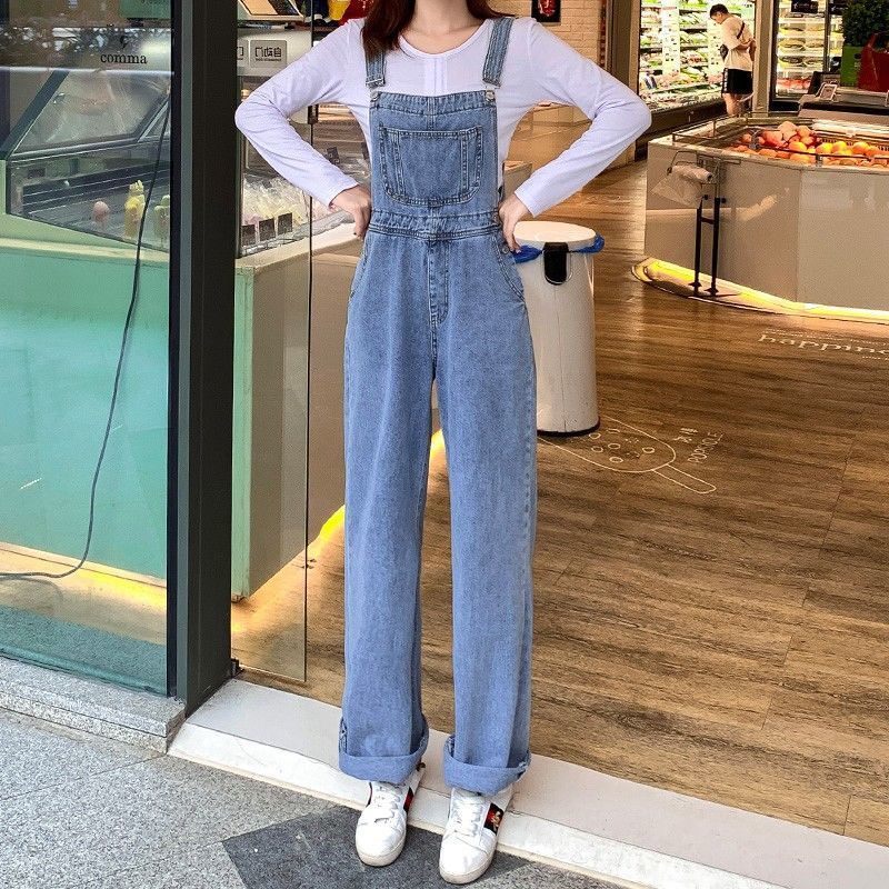 Lengthened 170 new Hong Kong-style denim overalls women's spring and autumn tall tall loose slim and age-reducing jumpsuit wide-leg pants