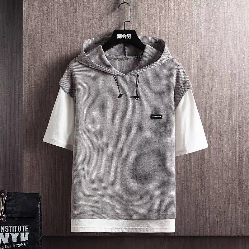 Fake two piece waffle short sleeve sports suit men's spring and summer hooded T-shirt shorts two pieces a set of handsome men's clothes