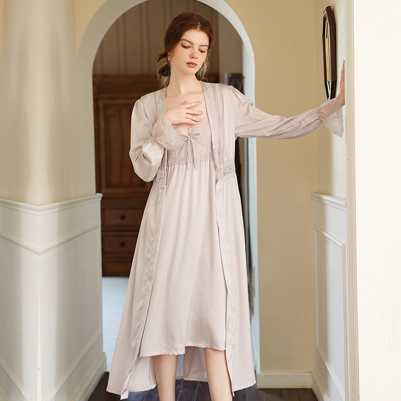 Court style French retro long nightdress ice silk summer V-neck sling lace Nightgown Pajamas two piece set