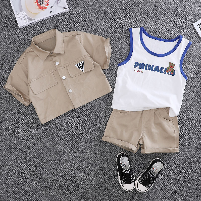 2022 children's summer new cool and handsome men's work clothes style boys' short sleeve three piece set men's and women's Baby Set 3 years old