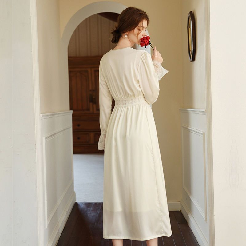 Court style French retro long nightdress ice silk summer V-neck sling lace Nightgown Pajamas two piece set
