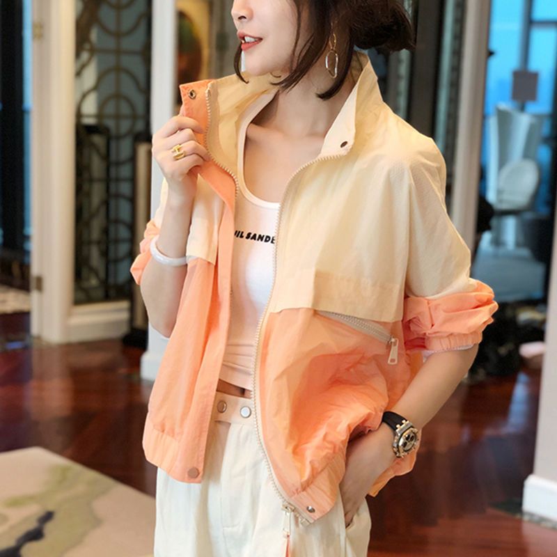 European station 2023 new spring and summer casual loose color matching baseball uniform sun protection clothing thin cardigan short coat female