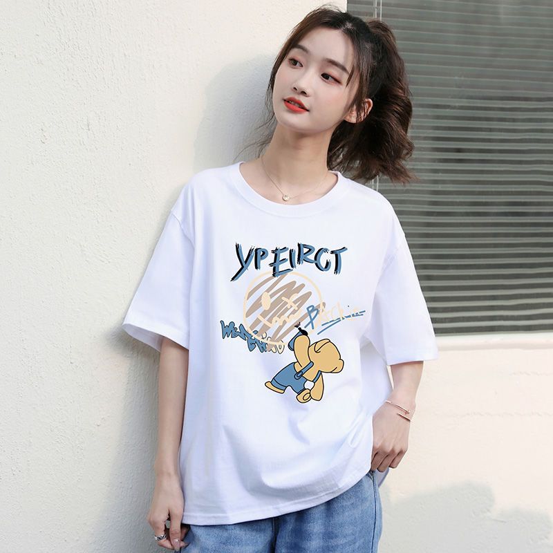 White T-shirt women's short-sleeved loose 2023 new summer cotton student top cartoon printing all-match ins trend