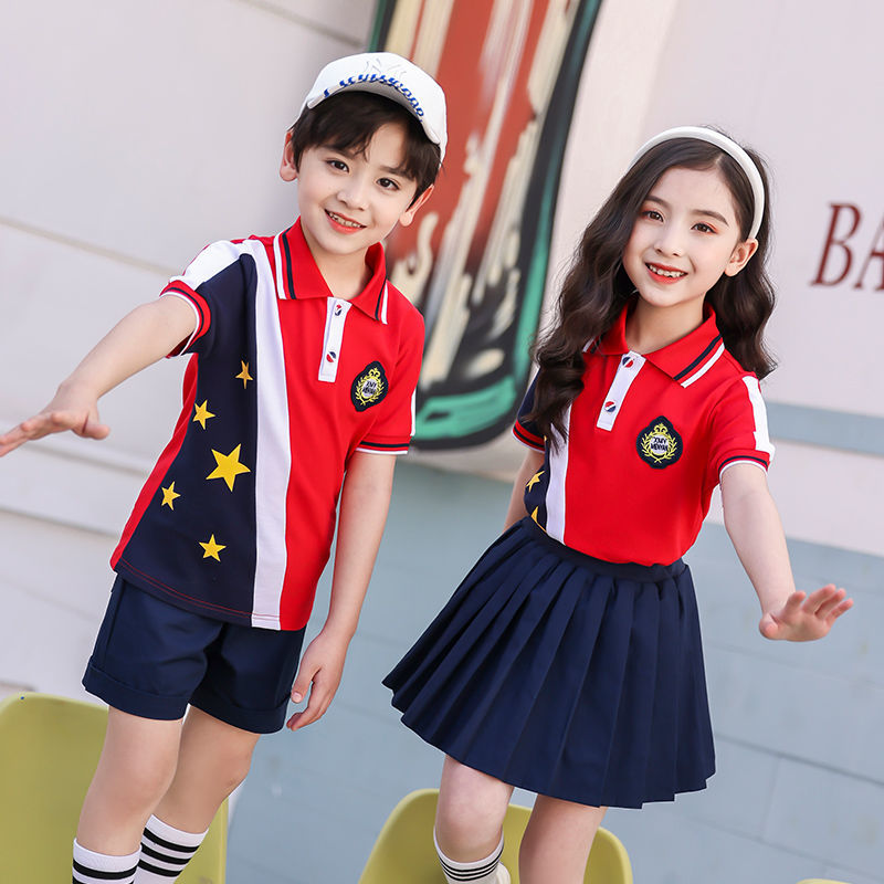 兒童校服套裝小學生班服兩件套紅色運動會夏裝短袖合唱幼兒園園服